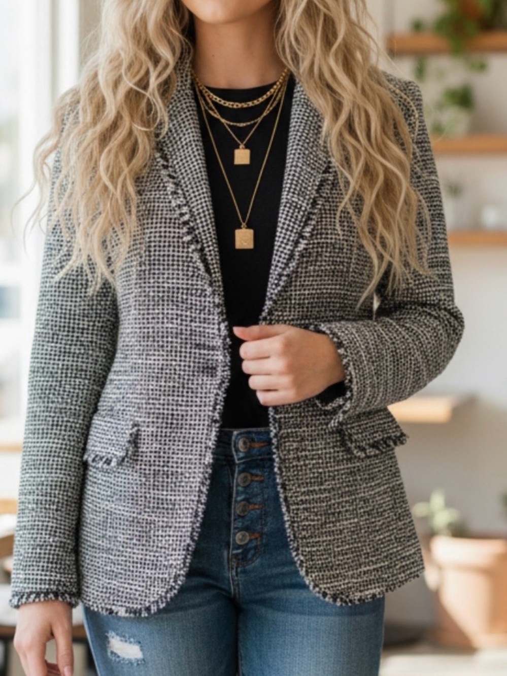 MADE IN ITALY Black & White Tweed Blazer Women's Tailored Bouclé Blazer